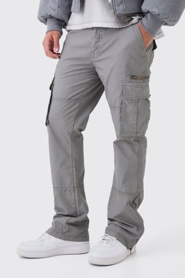 Slim Flare Zip Gusset Overdye Acid Wash Cargo Trousers