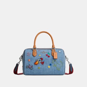 Rowan Satchel Bag In Signature Denim With Patches And Embroidery
