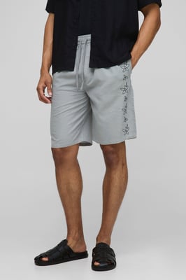Elasticated Waist Straight Fit Floral Emboridery Linen Shorts