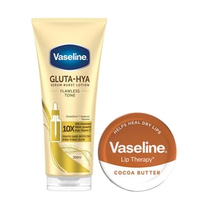 Vaseline Gluta Hya Flawless Tone Body Lotion 200ml & Lip Balm Cocoa 20gm Duo Set