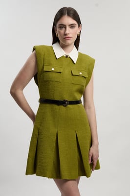 Textured Tweed Contrast Collar Pleated Tailored Mini Dress