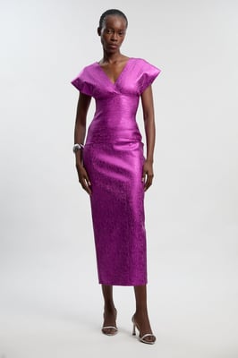 Petite Foil Metallic Figure Form Angel Sleeve Knit Maxi Dress