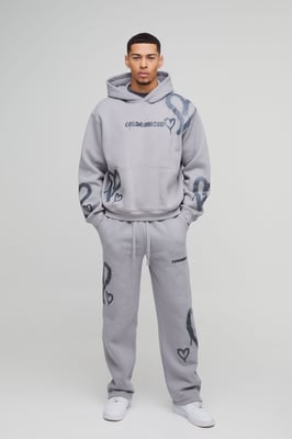 Oversized Boxy All Over Heart Printed Hooded Tracksuit