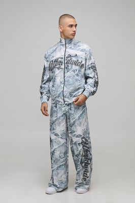 Boxy Fit Funnel Neck Zip Through Rhinestone Camo Woven Tracksuit