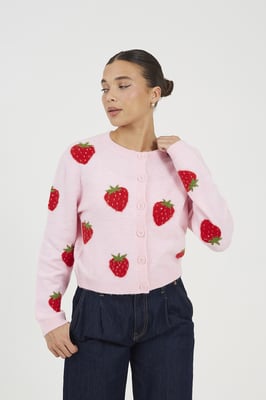 Pink Soft Touch Strawberry Jacquard Knit Cardigan
