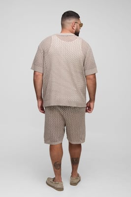 Plus Oversized Boxy Open Crochet Shirt & Short Set