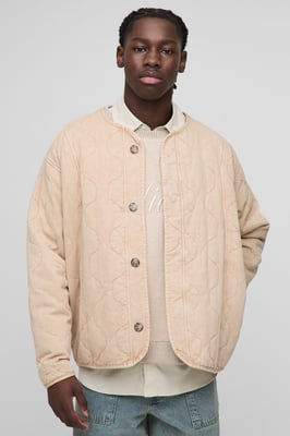 Oversized Washed Twill Quilted Collarless Bomber Jacket