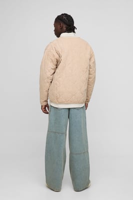 Oversized Washed Twill Quilted Collarless Bomber Jacket