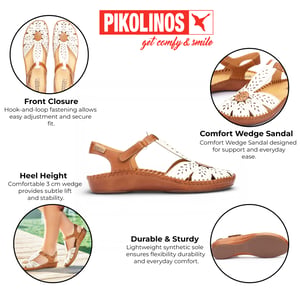 Pikolinos dames sandalen met sleehak, gemaakt van bruin en crèmekleurig leer - P-Vallarta