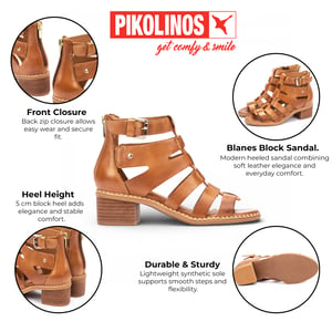 Pikolinos dames gladiatorsandalen van bruin leer met blokhak - Blanes