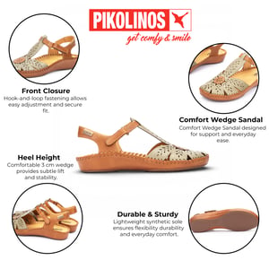 Pikolinos dames sandalen met sleehak, gemaakt van bruingroen leer en voorzien van demping - P-Vallarta