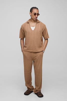 Relaxed Boxy V Neck Texture Knitted Trouser and Polo Set