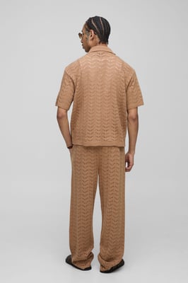 Relaxed Boxy V Neck Texture Knitted Trouser and Polo Set