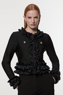 Figure Form Bandage Knit Jacket With Woven Ruffle Trim