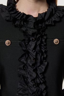 Figure Form Bandage Knit Jacket With Woven Ruffle Trim