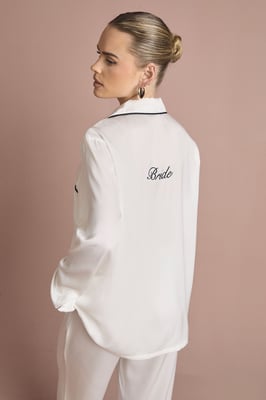 Bridal 'Bride' Satin Embroidered Long Sleeve Shirt & Trousers Pyjama Set