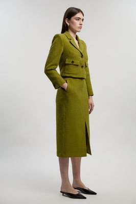 Textured Tweed Belted Tailored Pencil Skirt
