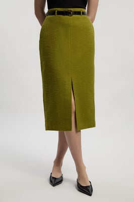 Textured Tweed Belted Tailored Pencil Skirt