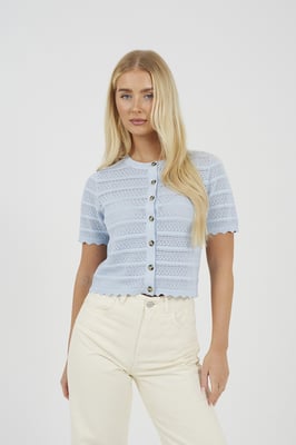 Blue Short Sleeve Stitch Detail Crew Neck Cardigan