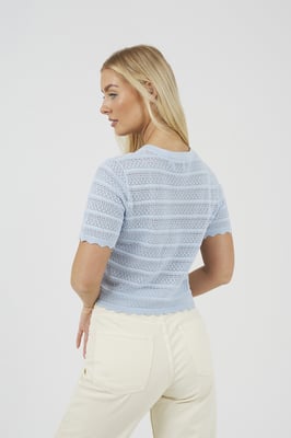 Blue Short Sleeve Stitch Detail Crew Neck Cardigan