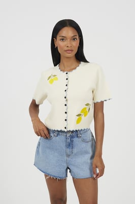 Ivory Short Sleeve Cardigan With Lemon Embroidery