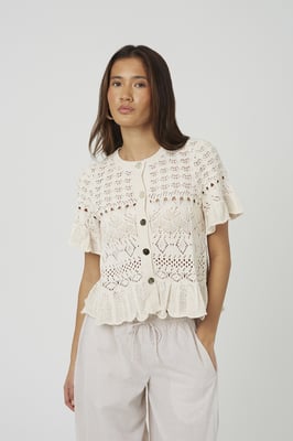 Cream Short Sleeve Pointelle Knit Cardigan With Frill Hem