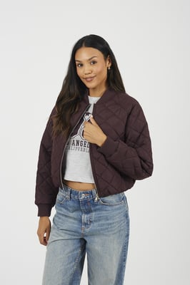 Burgundy Diamond Quilted Bomber Jacket