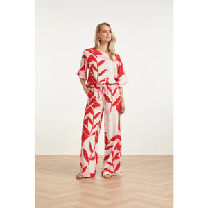 Smashed Lemon Wide leg broek met rood en roze bladprint |