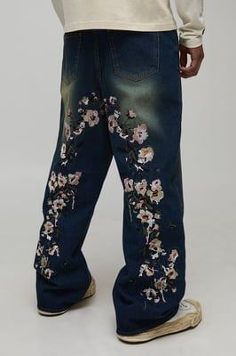 Wide Leg Floral Embroidered Jeans