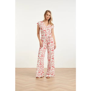 Smashed Lemon Jumpsuit met grafische streep print rood/wit |
