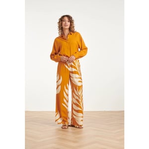 Smashed Lemon Wijde pantalon met botanische blad print oker geel |