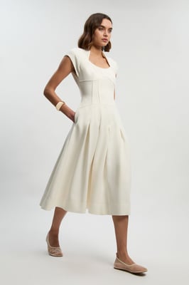 Compact Stretch Dropped Waist Full Skirted Midi Dress