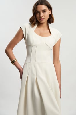 Compact Stretch Dropped Waist Full Skirted Midi Dress