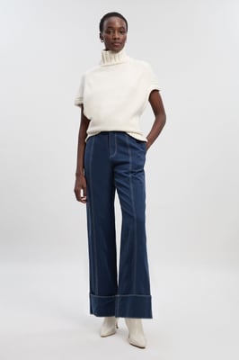 Petite Tencel Cotton Contrast Stitch Woven Straight Leg Trouser