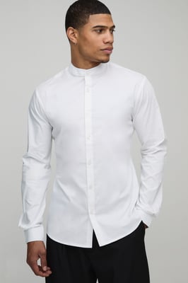 Slim Fit Grandad Collar Cotton Shirt