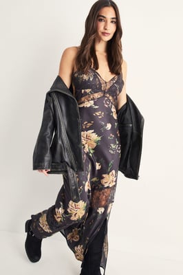 Satin Floral Cutwork Lace Split Leg Maxi Dress