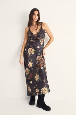 Satin Floral Cutwork Lace Split Leg Maxi Dress