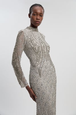 Crystal Embellished Long Sleeve Woven Maxi Dress