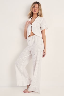 Broderie Tie Front Ruffle Trouser Pajama Set