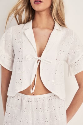 Broderie Tie Front Ruffle Trouser Pajama Set