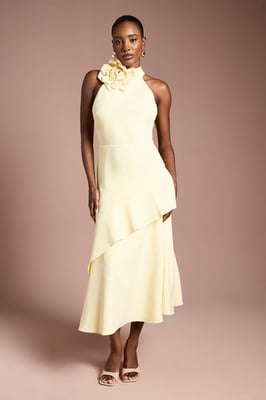 High Neck Corsage Detail Midi Dress