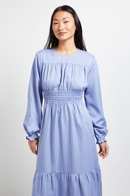 Petite Shirred Bodice Tiered Stripe Midi Dress