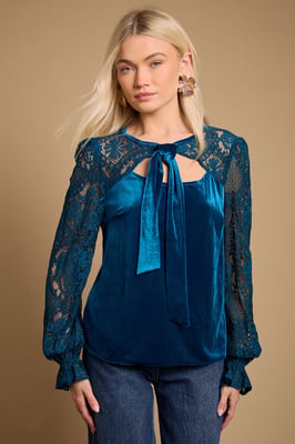 Lace Sleeve Velvet Tie Neck Blouse