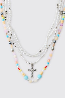 Beaded Multi Layered Cross Necklace
