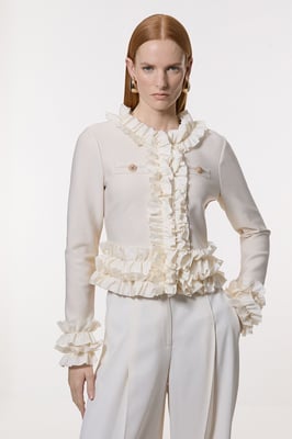 Figure Form Bandage Knit Jacket With Woven Ruffle Trim