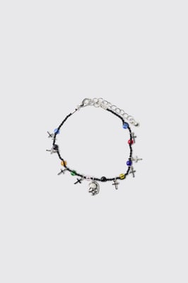 Gem and Skull Cross Mock Pearl Bracelet