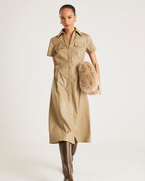 River Island Womens Midi Shirt Dress Beige Faux Leather