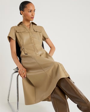 River Island Womens Midi Shirt Dress Beige Faux Leather