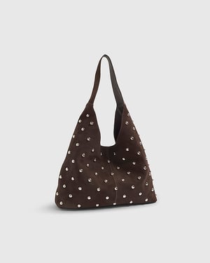 River Island Womens Slouch Shoulder Bag Brown Suede Studded