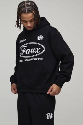 Oversized Boxy Moto Faux Graphic Hooded Tracksuit